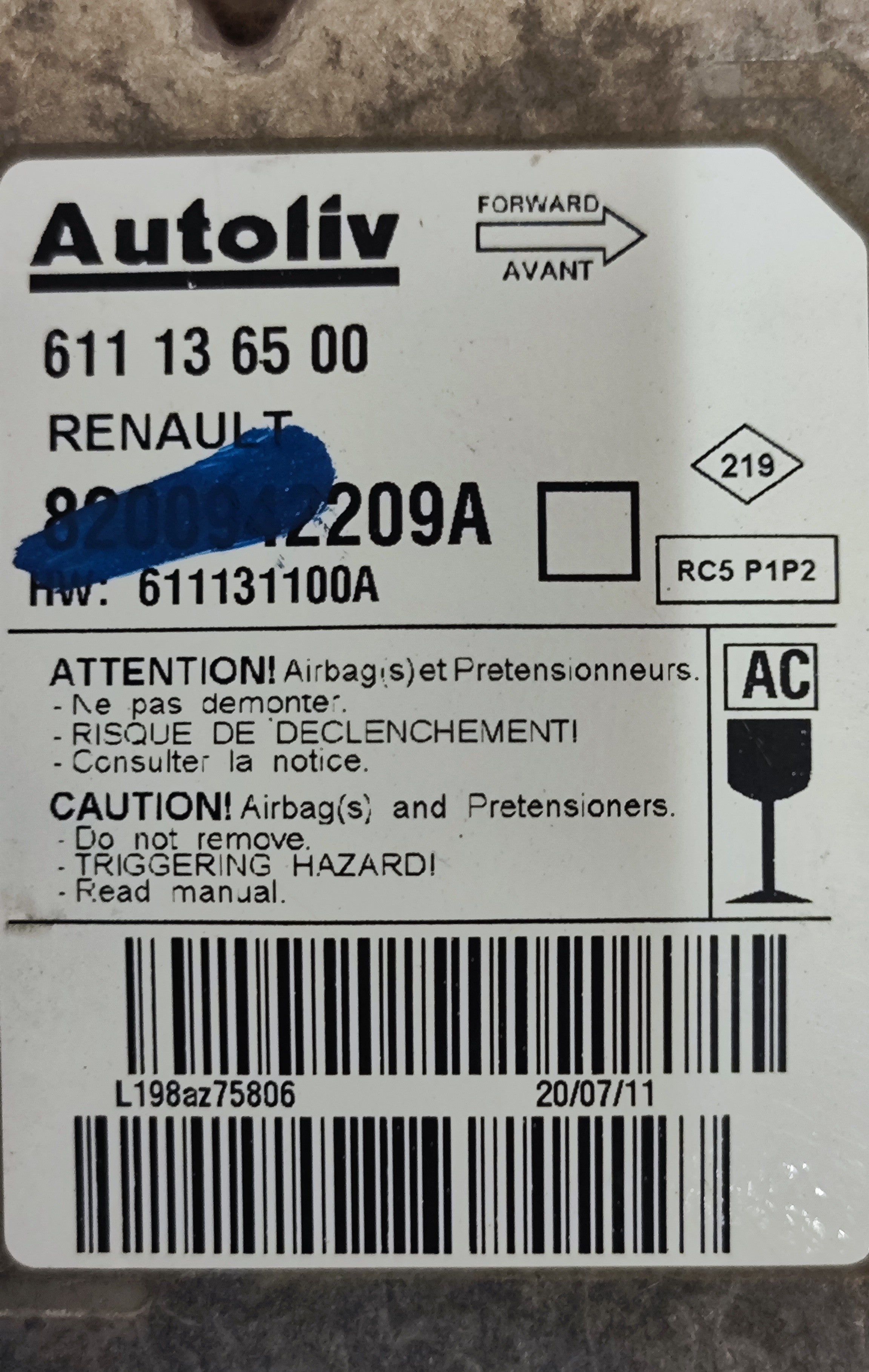 Centralina Airbag NO CRASH Renault Master 2.3DCI 8200942209A 611136500 codice