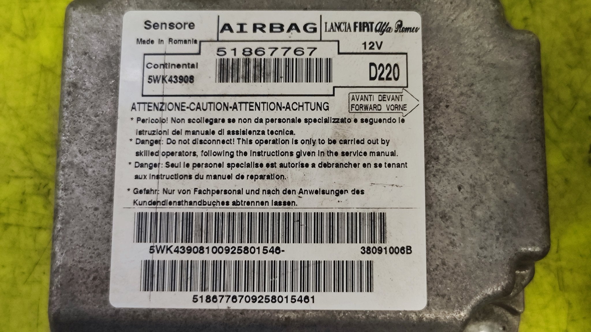 51867747 5WK43908 Centralina sensore airbag NO CRASH Fiat 500 - Debiautomotive