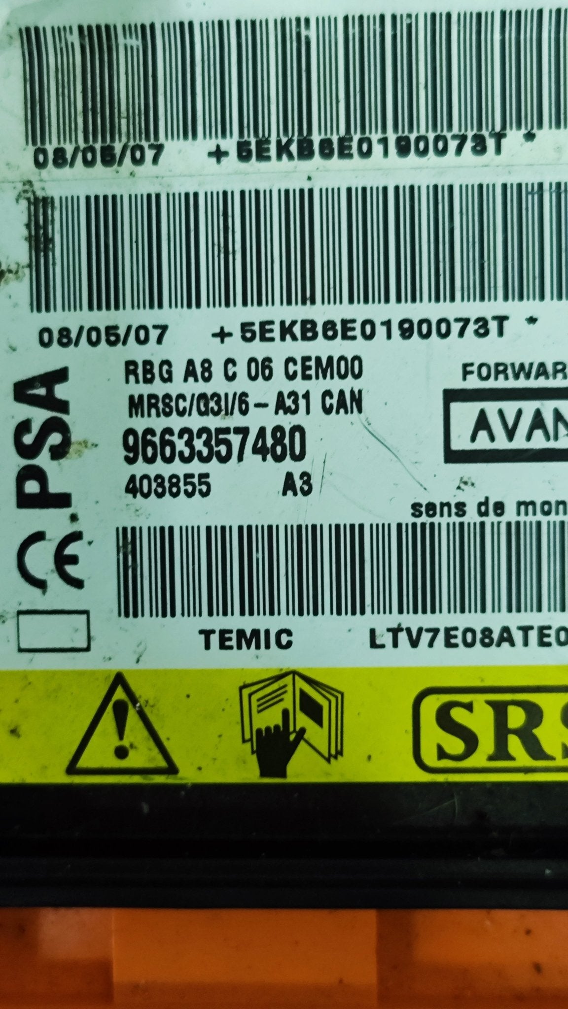 9663357480 centralina sensore airbag Citroen C3 2005 2010 - Debiautomotive